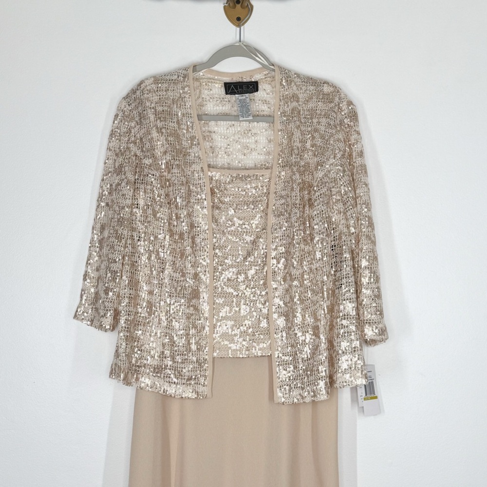 NWT Alex Evenings Champagne Cream Tank Dress w/ Lace Sequin Cardigan Women’s 14 - Picture 3 of 13